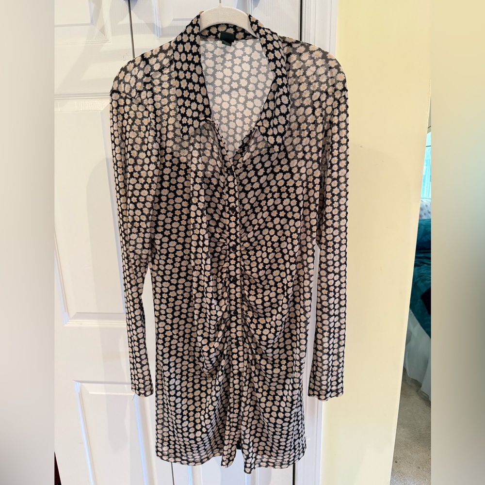 Wild Fable-L/S Daisy Print Mesh Dress with Black tank slip, Black Multi, Size L